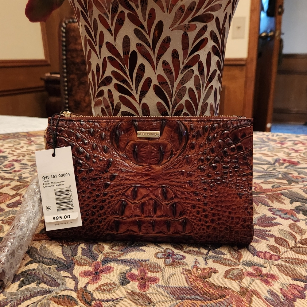 Brahmin Pecan Brown Classic Daisy Clutch Wristlet NWT